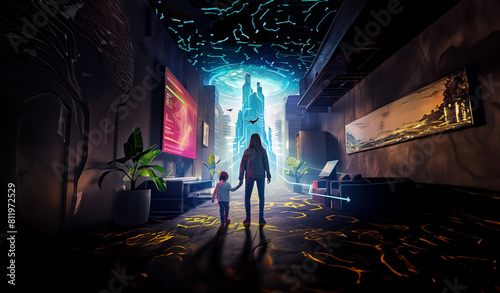 The family returns from a walk to a hotel room wirh big LED TV overlooking a huge, futuristic skyscraper. Fantasy illustration, future, parenting, travel.   © Krzysztof