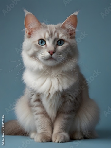 A Turkish Angora cat is sitting on a blue background. AI generated image