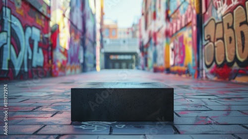 Capture the essence of urban chic with the Edgy Steel Podium set against a vibrant Street Art Alley backdrop. photo