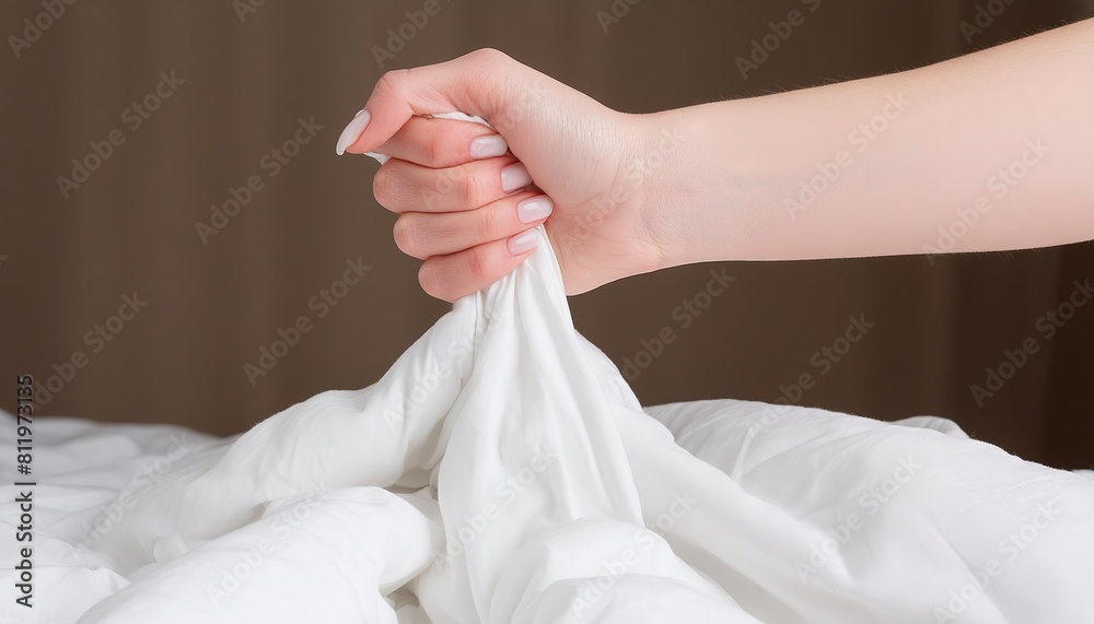 Generated image of woman's hand holding cotton white bed sheet ai generated