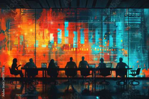 A group of people are sitting at a table in a room with a colorful background. Scene is professional and focused, as the people are working together on a project