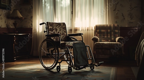 A wheelchair standing in an empty room with a window in the background, the concept of loneliness of disabled people