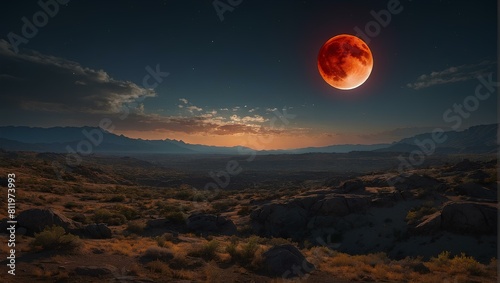 A huge red moon rises above the clear night sky. Its warm red glow illuminates the golden sands of the desert  creating an enchanting and ethereal scene.
