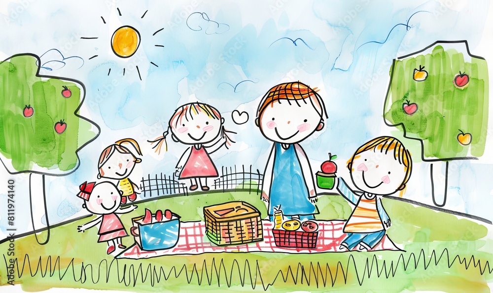 simple children's drawing of a happy family picnic in the park