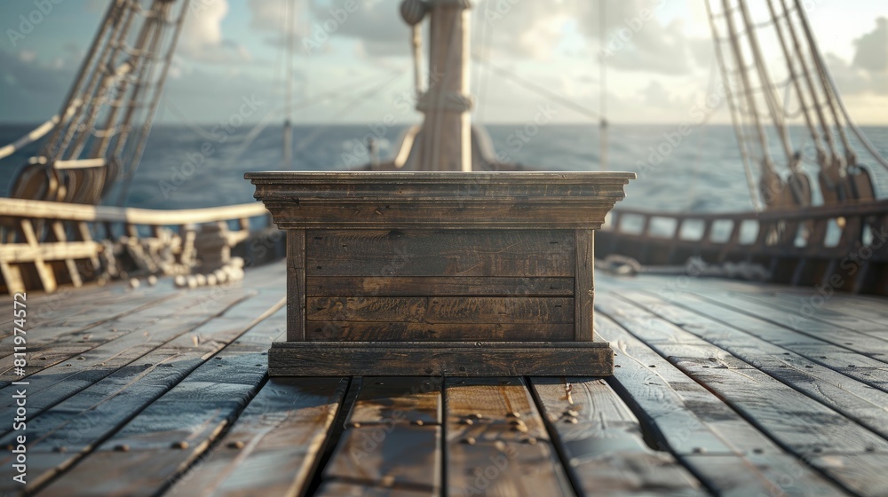 Maritime Nautical Podium, front view focus, with a Historic Ship Deck Background, ideal for maritime history exhibitions.