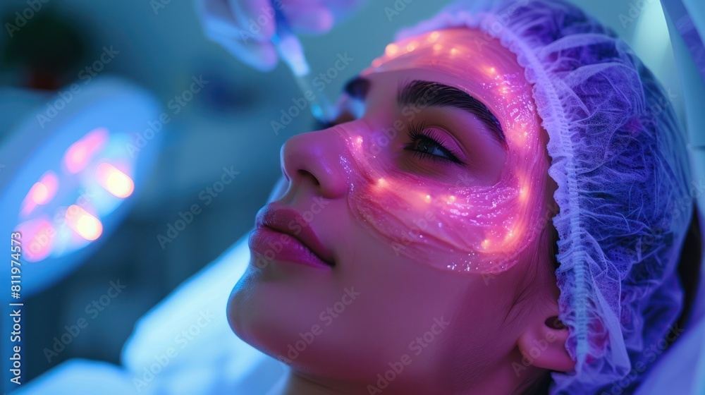 Professional Anti-Acne Phototherapy Treatment: Doctor Applying Gel to Beautiful Woman's Face with Special Equipment at Beauty Salon