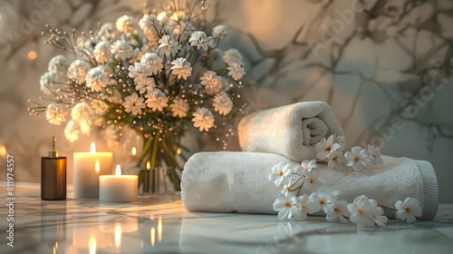 A luxurious spa arrangement featuring pristine white blooms  softly flickering candles  and a plush towel set against a backdrop of polished marble textures  with the Holy Quran bringing an air