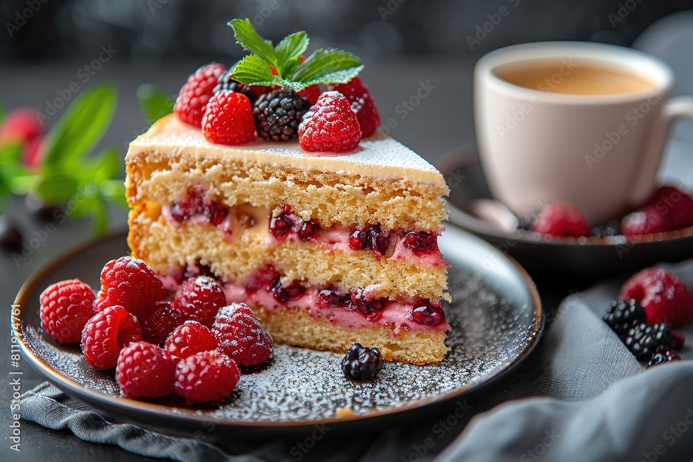A piece of tiramisu with raspberries on a white plate on the table. Traditional Italian dessert A piece of tiramisu with raspberries on a white plate on the table. Traditional Italian dessert