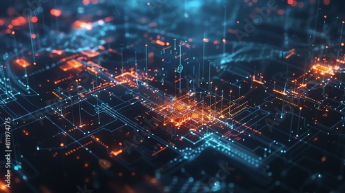 A digital representation of a circuit board with glowing orange and blue lines. The background is dark blue.