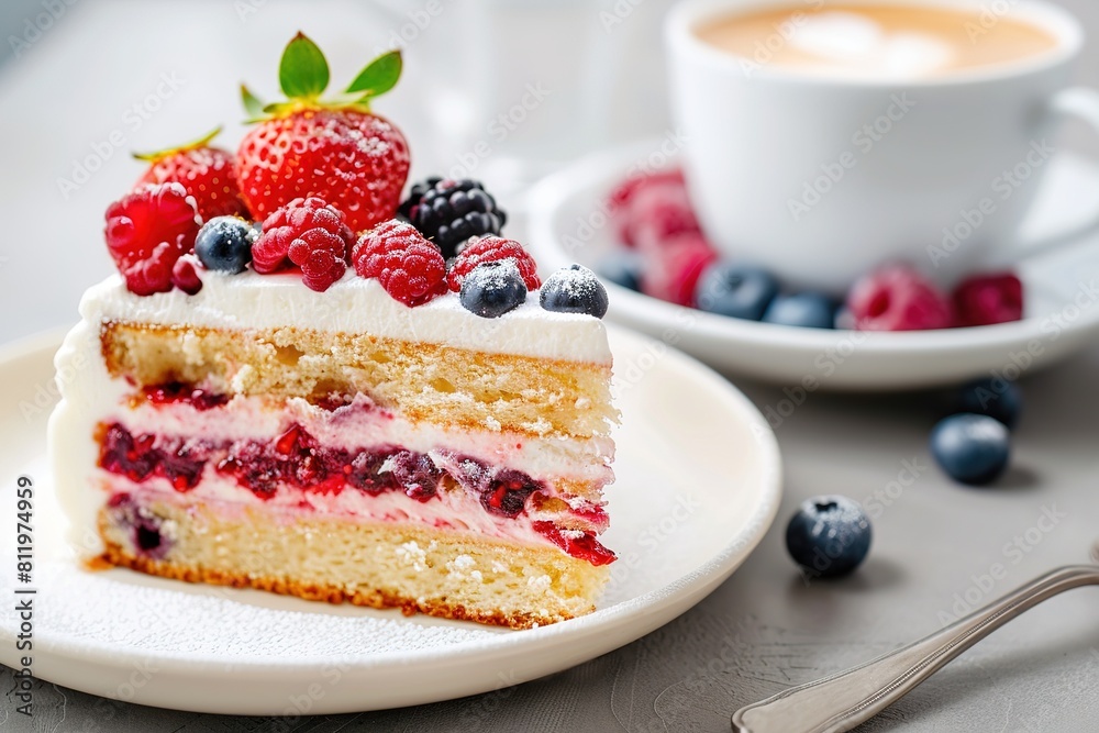 A piece of tiramisu with raspberries on a white plate on the table. Traditional Italian dessert A piece of tiramisu with raspberries on a white plate on the table. Traditional Italian dessert