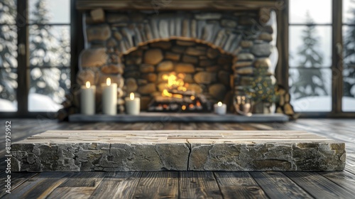 Rustic Stone and Wood Podium  front view focus  with a Mountain Lodge Fireplace Background  ideal for winter apparel displays.