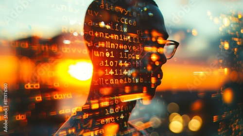 Today from a man wearing glasses against the backdrop of a big city sunset and computer code on his face. A symbol of human computerisation photo