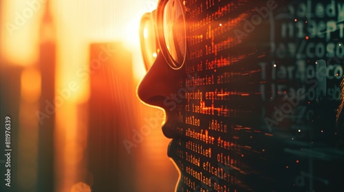 Today from a man wearing glasses against the backdrop of a big city sunset and computer code on his face. A symbol of human computerisation photo