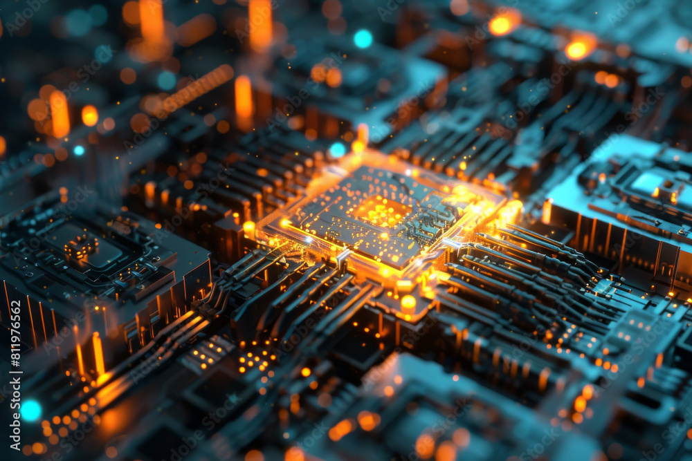 A computer circuit board with a glowing cpu in the middle A computer circuit board with a glowing cpu in the middle