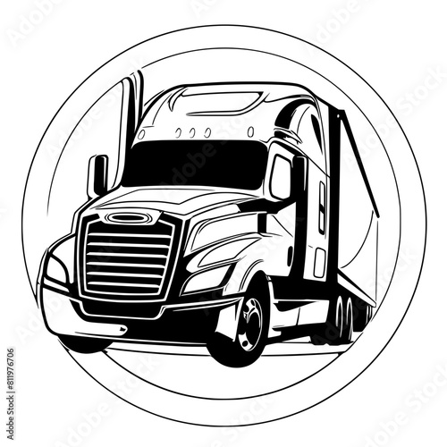  stylized vector logo for a trucking company, showcasing a semitruck protruding a circular frame, emphasizing modern aesthetics and industry relevance.