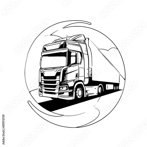  stylized vector logo for a trucking company, showcasing a semitruck protruding a circular frame, emphasizing modern aesthetics and industry relevance.