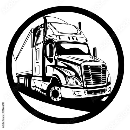 stylized vector logo for a trucking company, showcasing a semitruck protruding a circular frame, emphasizing modern aesthetics and industry relevance.