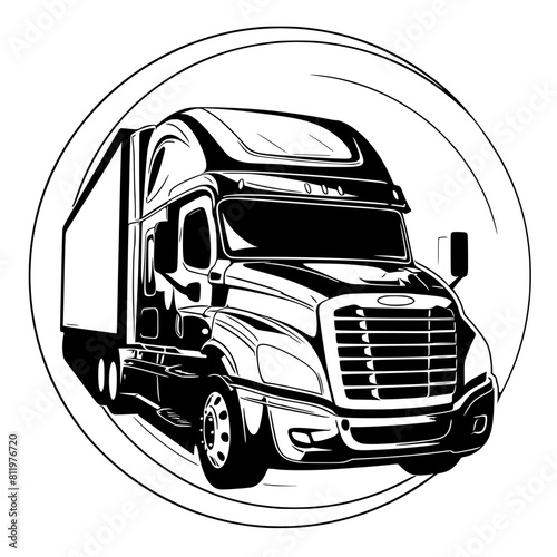  stylized vector logo for a trucking company, showcasing a semitruck protruding a circular frame, emphasizing modern aesthetics and industry relevance.
