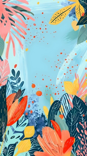 Vibrant Tropical Foliage and Floral Abstract Background with Colorful Patterns and Textures