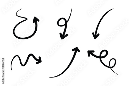 Hand drawn arrow Shape Curved Lines Set.