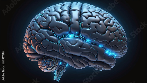 A image of a 3d rendered illustration of a electronic metal human brain with neon growing lightning 