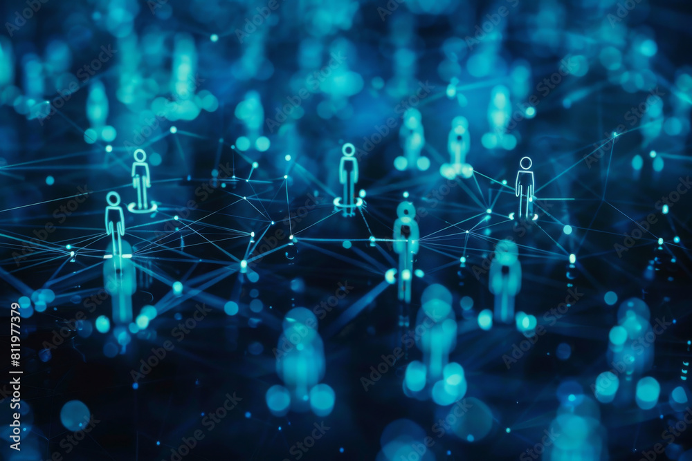 A group of people are connected to each other on a blue background A group of people are connected to each other on a blue background