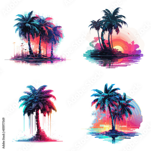 Colorful palm tree illustrations with tropical sunsets and glitch art effects. Vibrant digital artwork blending beach vibes, paradise, and modern abstract aesthetic.

