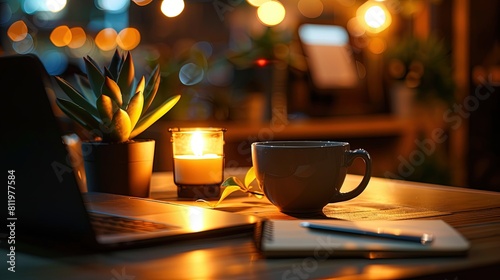 Coffee shop workspace, laptop, notebook, pen, coffee cup, succulent plant