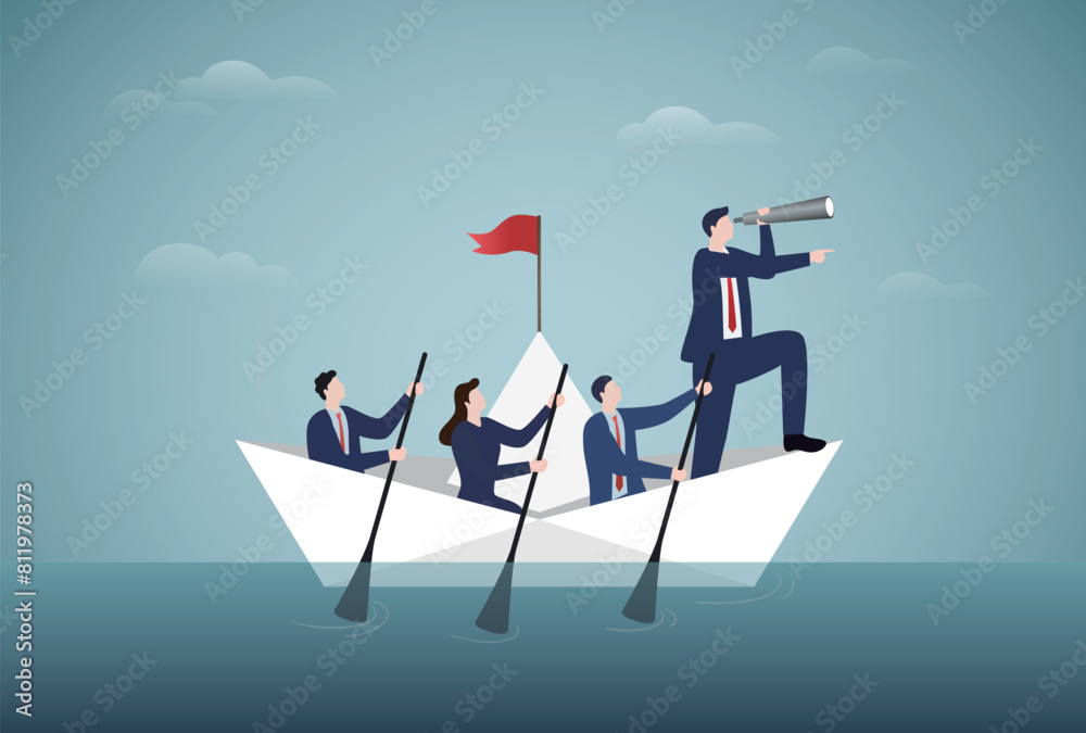 Obraz premium Discovering new business opportunities and investments, Vision and goal setting, Business team is rowing boat with binoculars standing in paper boat and looking forward, Vector design illustration.