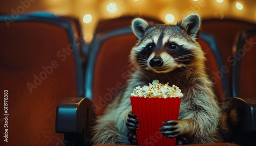 A raccoon sitting in a movie theater with a big bag of popcorn watching interesting movies
