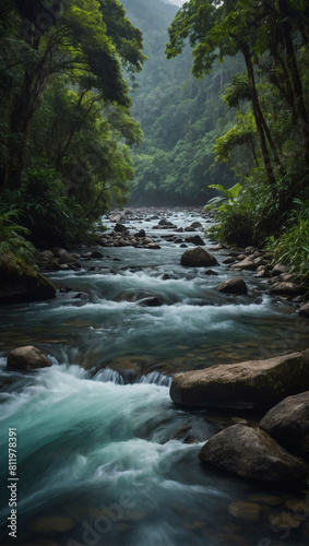 Serene river flowing through lush mountains  framed by a dense rainforest teeming with life.