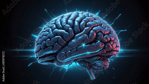 A image of a 3d rendered illustration of a electronic metal human brain with neon growing lightning 