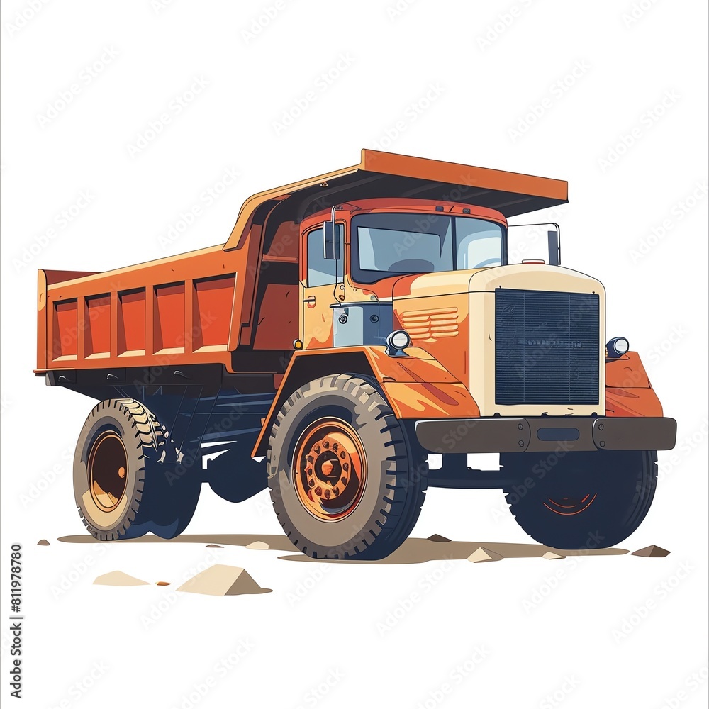 Dump truck depicted in a minimalist graphic style, using bold blocks of color and simplified forms, striking against a white canvas Dump truck depicted in a minimalist graphic style, using bold blocks of color and simplified forms, striking against a white canvas