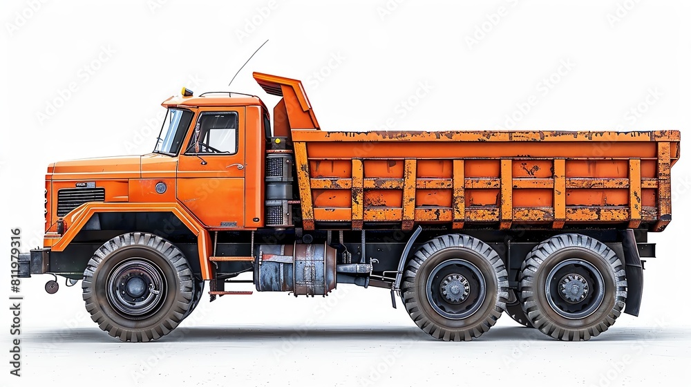 Side profile of a vibrant orange dump truck, highlighting its bold color and sturdy design, boldly isolated on a stark white canvas
