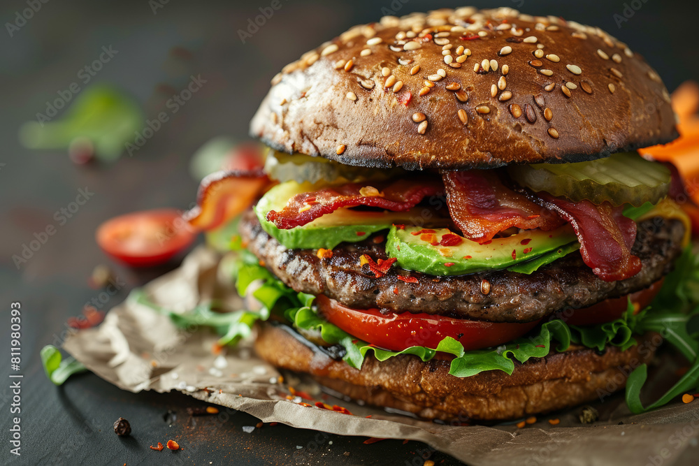 Indulge in a mouthwatering gourmet burger featuring avocado and crispy bacon on top. Indulge in a mouthwatering gourmet burger featuring avocado and crispy bacon on top.