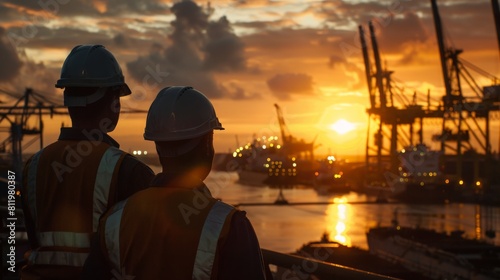 Two engineers in hard hats looking out at a busy shipping port at sunset.Water transportation industry, logistics, cruise ship production, transport ship production, fisheries © Sittipol 