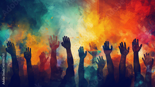Diverse Community United in Activism: Symbolic Raised Hands for Human Rights and Freedom Concept on Abstract Background