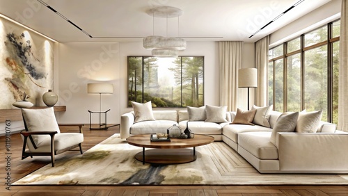 modern living room with large painting on wall  wood floor and modern furniture  wide angle shot  neutral colors  large window with view of trees  large coffee table in center of the space  