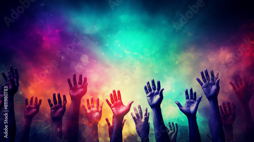 Diverse Community United in Activism: Symbolic Raised Hands for Human Rights and Freedom Concept on Abstract Background