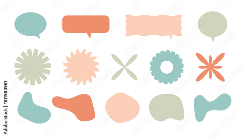 Set éléments graphiques vectoriels. Formes abstraites et colorées pour illustrations, compositions, fonds avec zone pour insérer du texte. Différentes formes graphiques et bulles de dialogues.