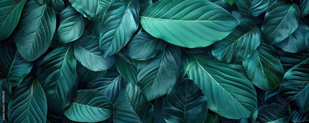 A close up of green leaves with a lush green background. The leaves are arranged in a way that creates a sense of depth and movement