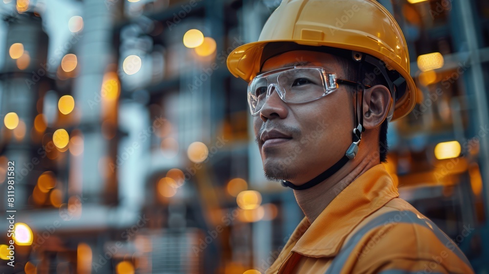 Industrial Worker in Protective Gear Standing in Front of Oil Refinery Industrial Worker in Protective Gear Standing in Front of Oil Refinery
