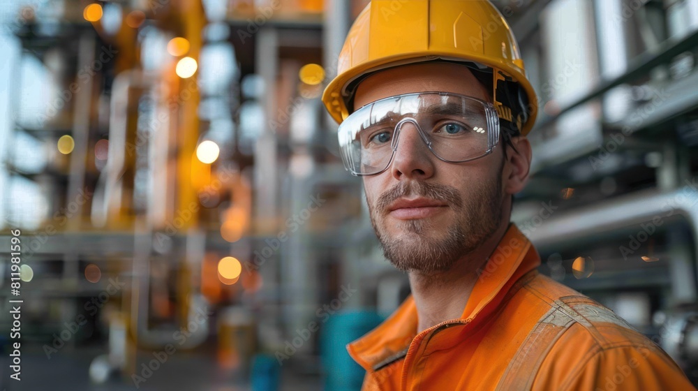 Industrial Worker in Protective Gear Standing in Front of Oil Refinery Industrial Worker in Protective Gear Standing in Front of Oil Refinery