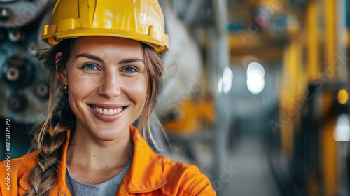 Smiling Female Engineer in Yellow Helmet and Orange Uniform at Factory Facility