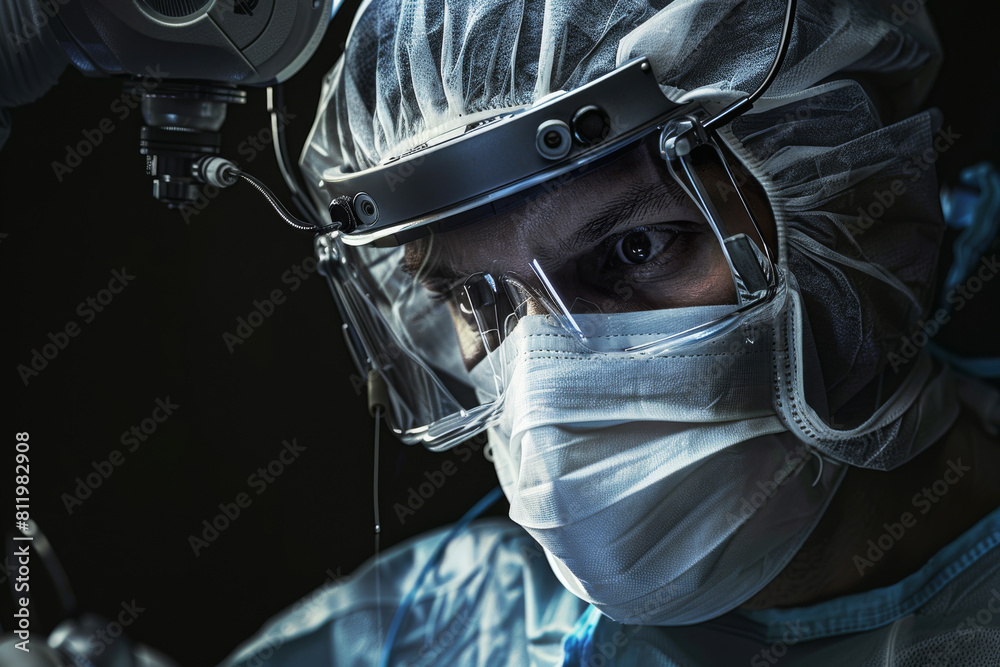 A close up of a surgeon wearing a mask and goggles A close up of a surgeon wearing a mask and goggles