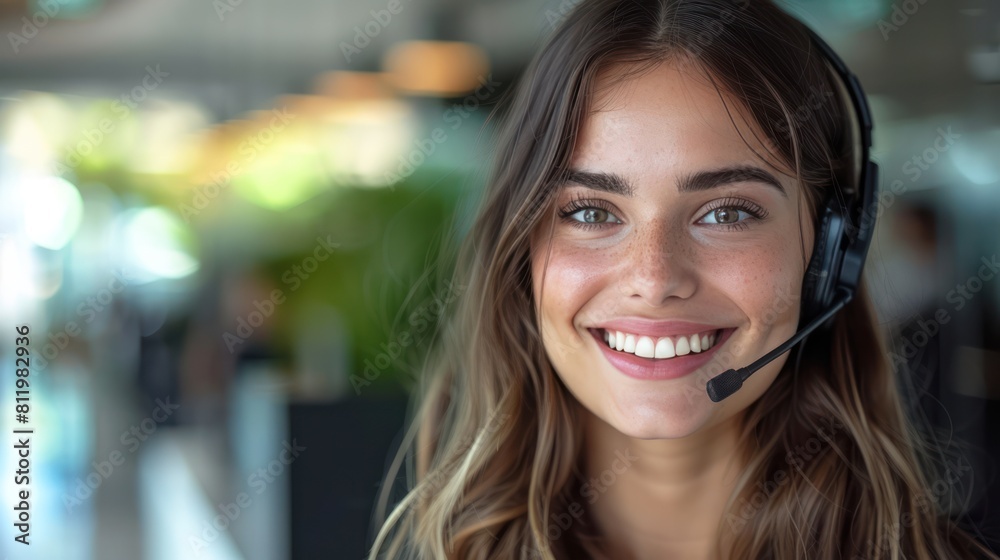 Joyful Female Customer Support Operator Smiling at Work Joyful Female Customer Support Operator Smiling at Work