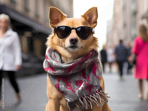 dog and sunglasses in street wearing clothes 