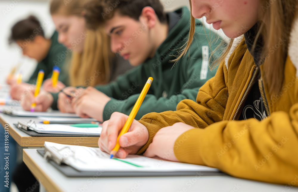 Pupils sitting at their desks in class write with a pencil Pupils sitting at their desks in class write with a pencil