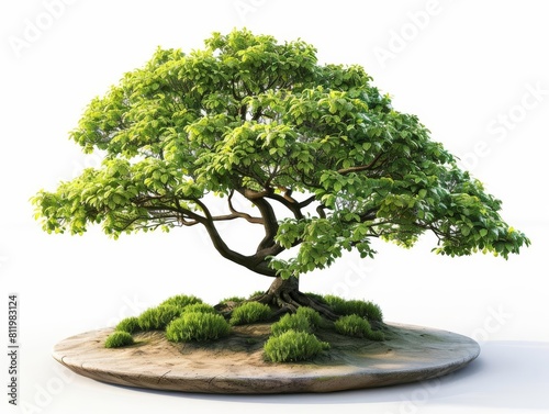 Bonsai 3D bonsai tree, perfectly trimmed and styled to mimic the appearance of a fullsized tree in miniature form, isolated on white background, isolated on white background. photo