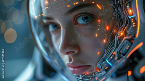 Futuristic Woman Robot with Hologram and Technology Elements on Abstract Background